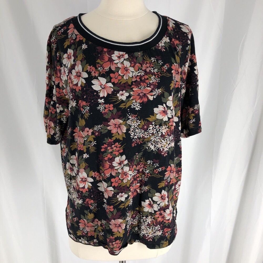Loft Outlet Womens X Large Black Floral Short Sleeve Crew Neck T-Shirt Top